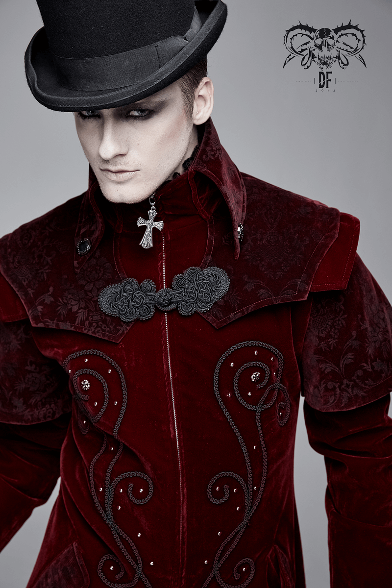 Trendy model wearing a vintage men's wine red velvet coat with gothic accents and a top hat.