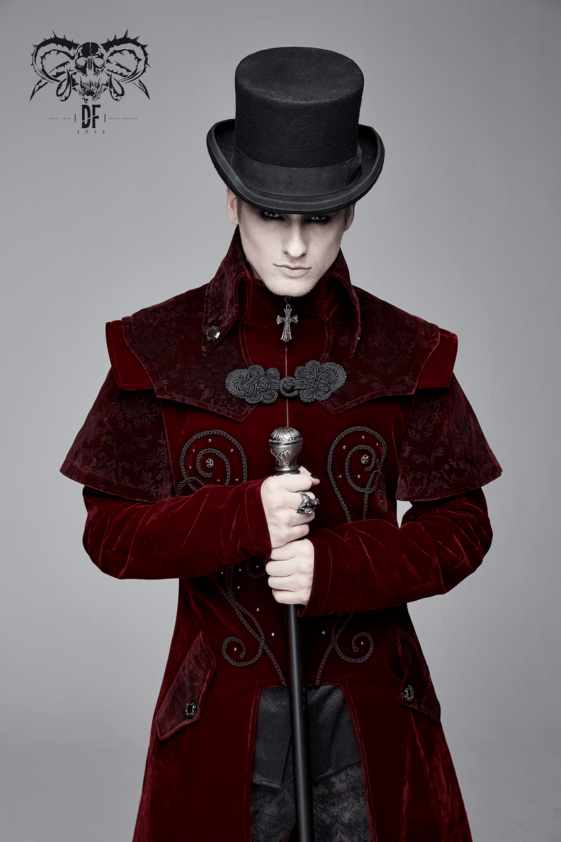 Model showcasing vintage men's wine red velvet coat with gothic accents and top hat, perfect for a trendy wardrobe.