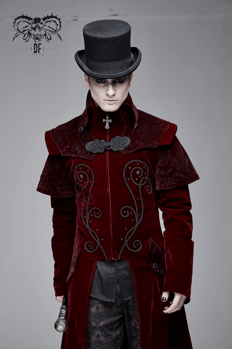 Model showcasing a vintage men's wine red long velvet coat with gothic accents and a top hat.
