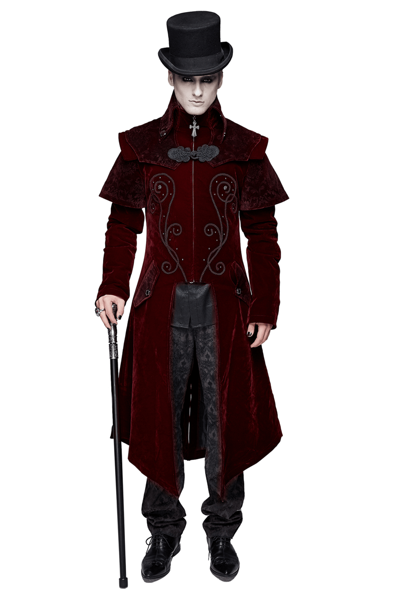 Vintage men's wine red velvet coat with gothic cross accents and stylish zipper, paired with a black top hat.