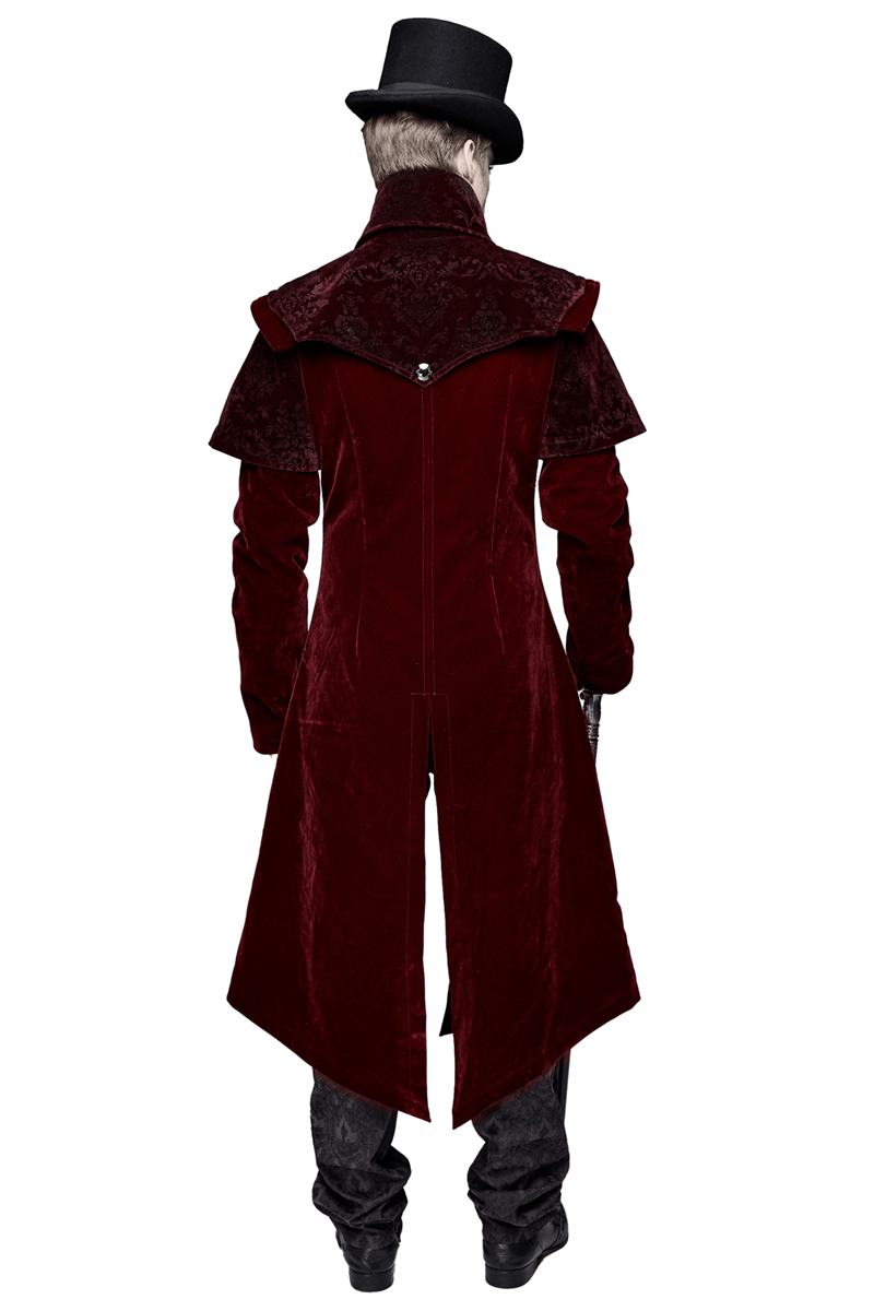 Vintage Men's Wine Red Long Velvet Coat / Gothic Coats with Zipper Front With Cross Accents - HARD'N'HEAVY