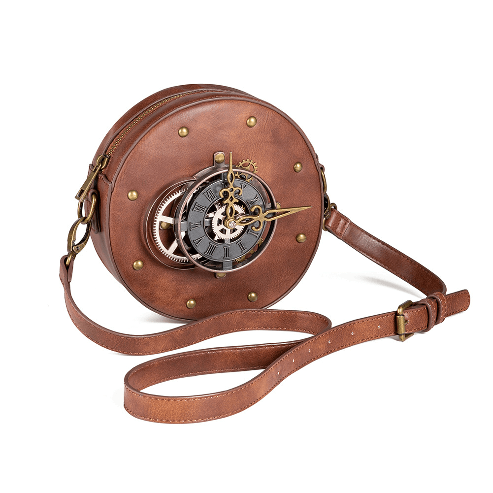 Vintage Metal Clock Decor Crossbody Bag / Steampunk Round Motorcycle Bag - HARD'N'HEAVY