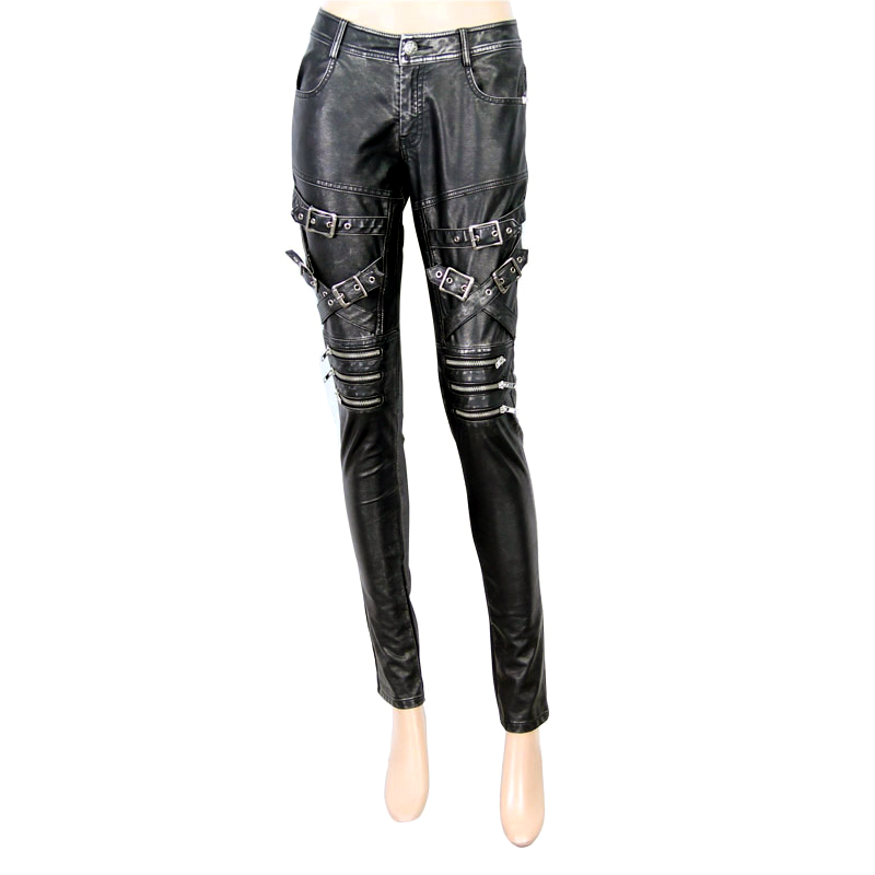 Vintage Motorcycle Skinny Pants with Buckles/ Punk Female PU Leather Leggings - HARD'N'HEAVY