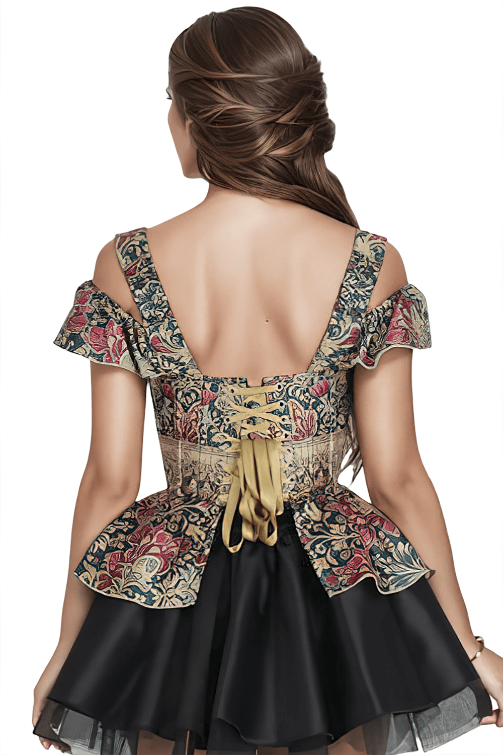 Back view of a Vintage Overbust Corset with flared peplum, ruffled straps, and lace-up detailing.