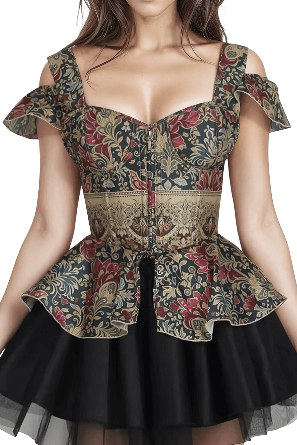 Elegant vintage overbust corset with flared peplum and ruffled straps in tapestry-style print.