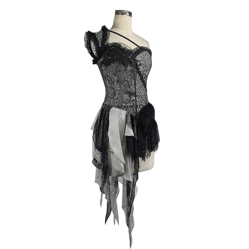 Gothic one-shoulder corset top with vintage pattern and asymmetrical design, featuring lace-up detail on the back.