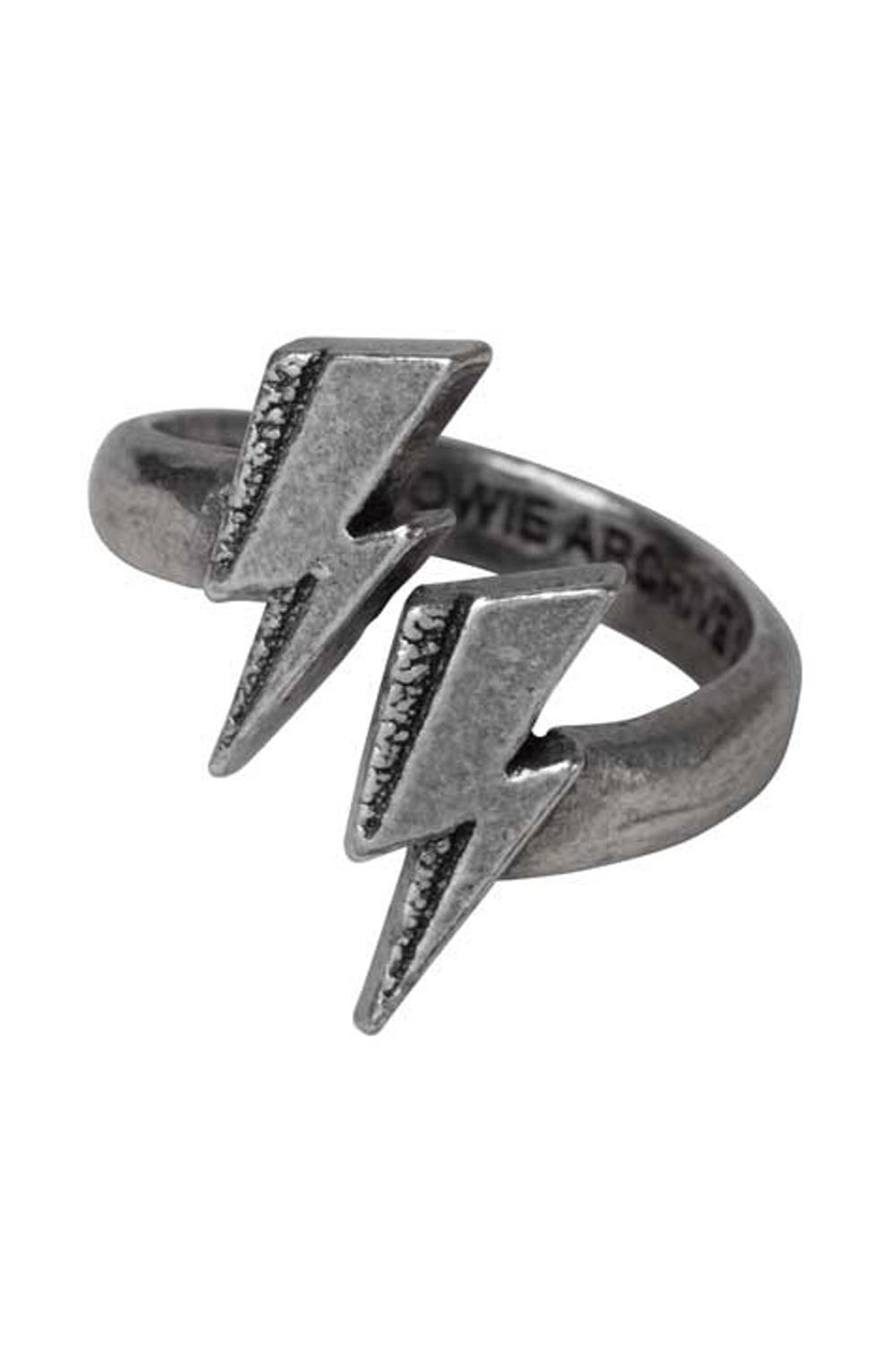 Vintage pewter lightning bolt wrap ring, inspired by David Bowie's glam rock era, perfect for fans of gothic jewelry.