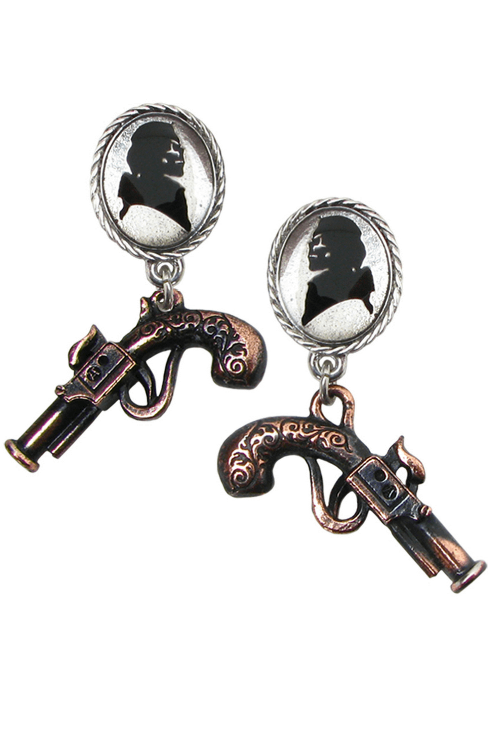 Vintage Pirate Gun and Cameo Silhouette Earrings with intricate detailing and bold contrast.