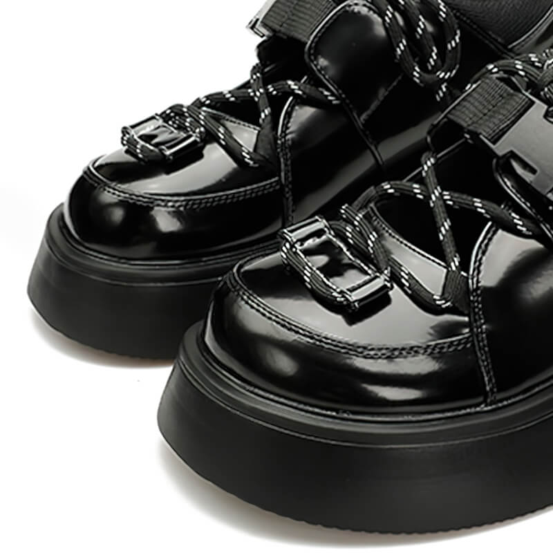 Vintage Platform Black Shoes for Women / Lace Up and Buckle Strap Wedge Shoes - HARD'N'HEAVY