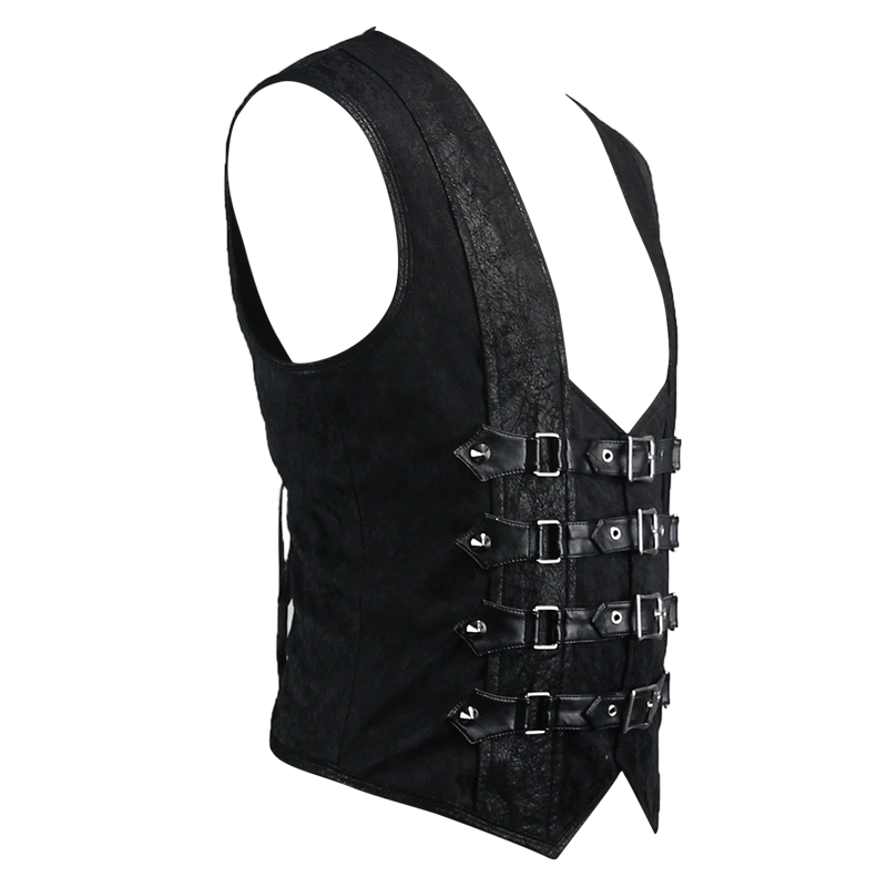 Men's vintage punk black sleeveless waistcoat with decorative buckles, crafted from PU leather.