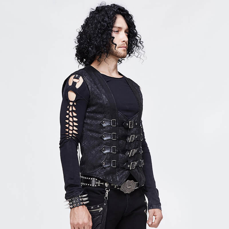 Men's vintage punk waistcoat in black PU leather with buckles, styled for a casual gothic look.