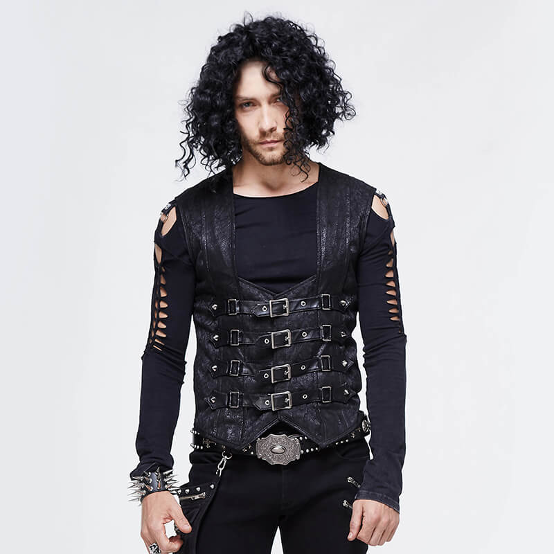 Stylish man in vintage punk black waistcoat with buckles, showcasing casual punk fashion and edgy design.