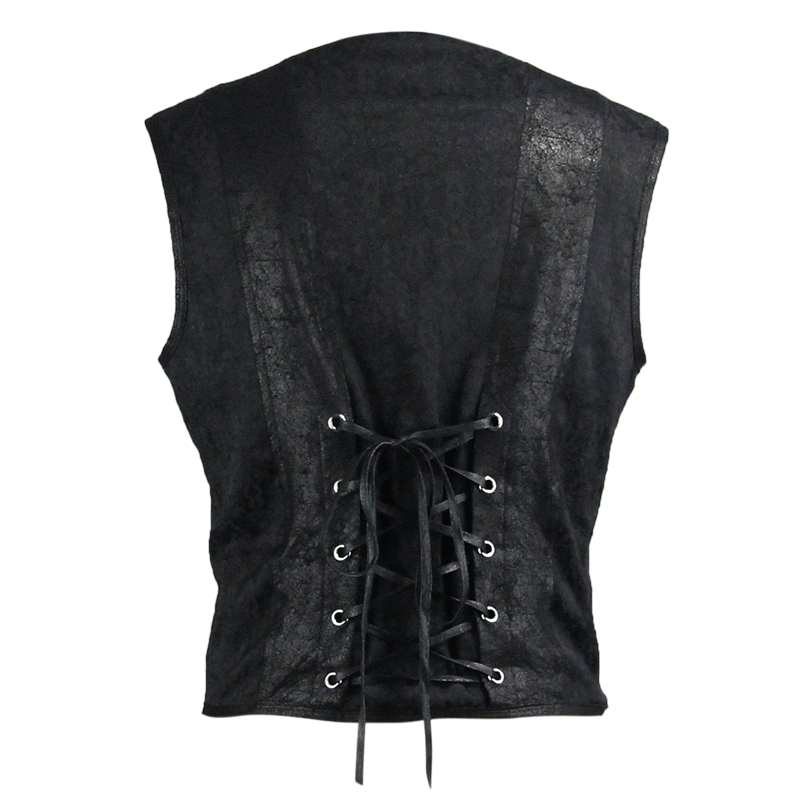 Back view of a stylish black sleeveless PU leather vest featuring lace-up detail, perfect for vintage punk fashion.