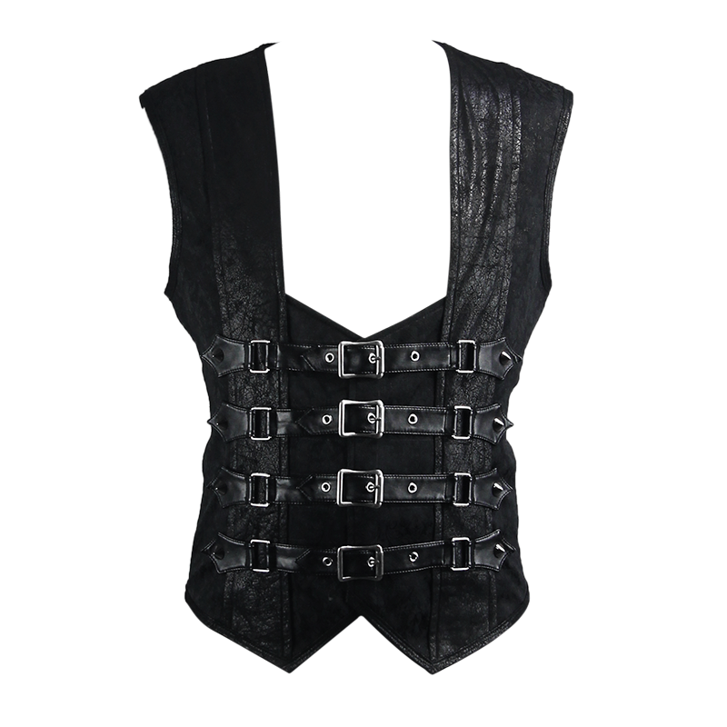 Men's vintage punk waistcoat in black PU leather with decorative buckles, perfect for stylish outfits.