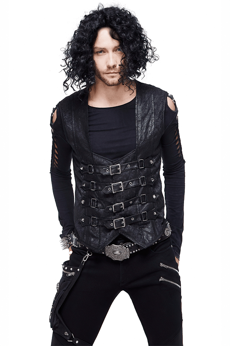 Stylish man in vintage punk PU leather waistcoat with buckles, perfect for edgy casual outfits.
