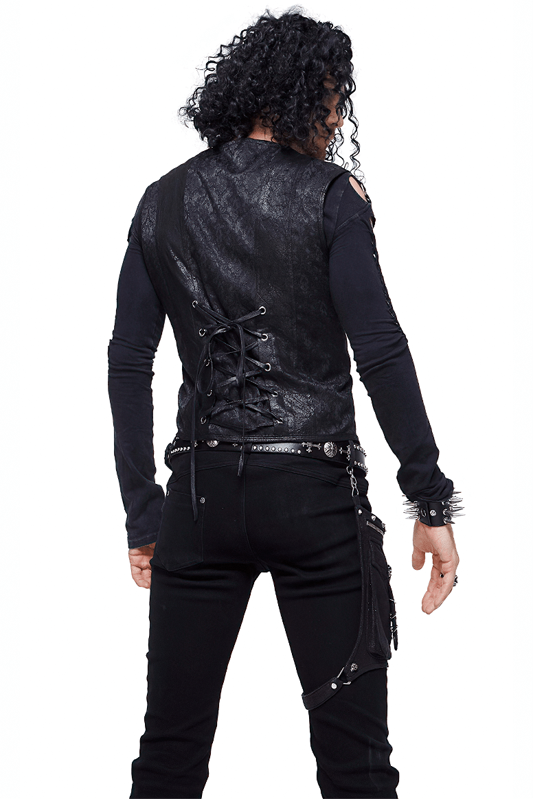 Men's vintage punk waistcoat in PU leather with decorative straps, styled for edgy outfits.