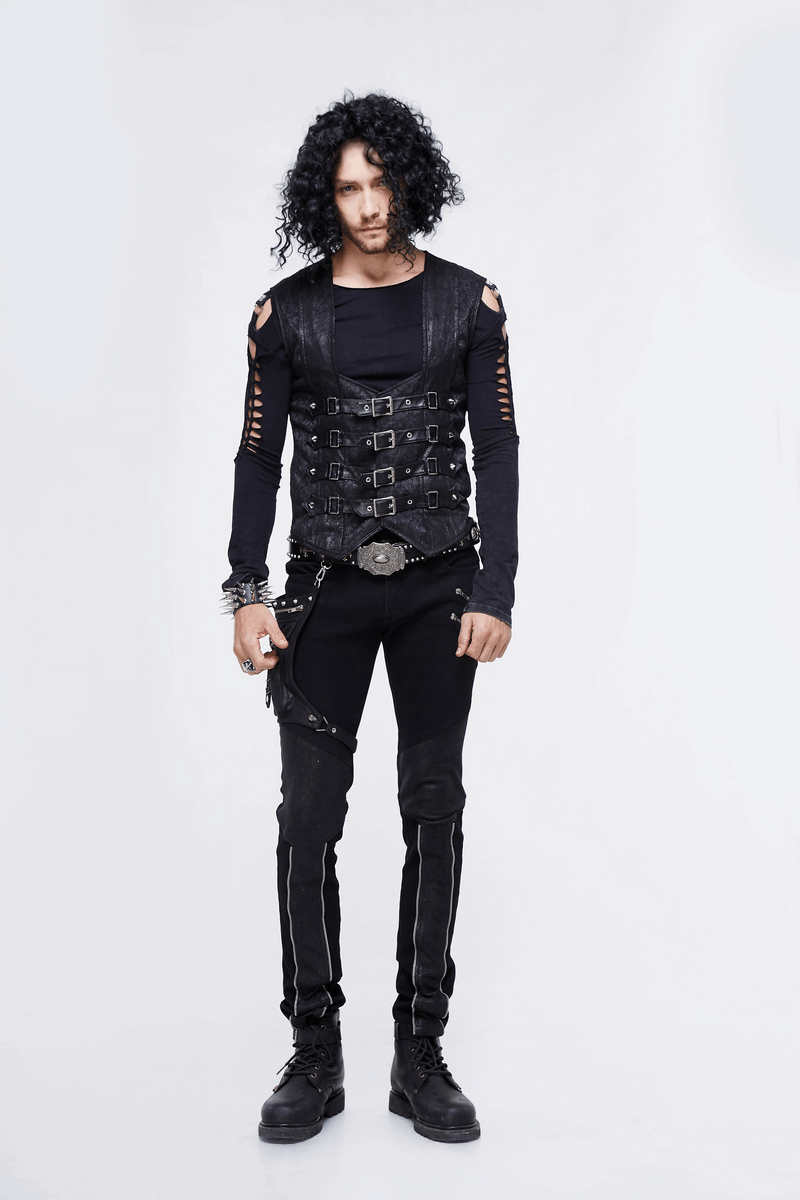 Stylish man wearing a vintage punk black waistcoat with buckles, showcasing a casual, edgy look and trendy outfit.