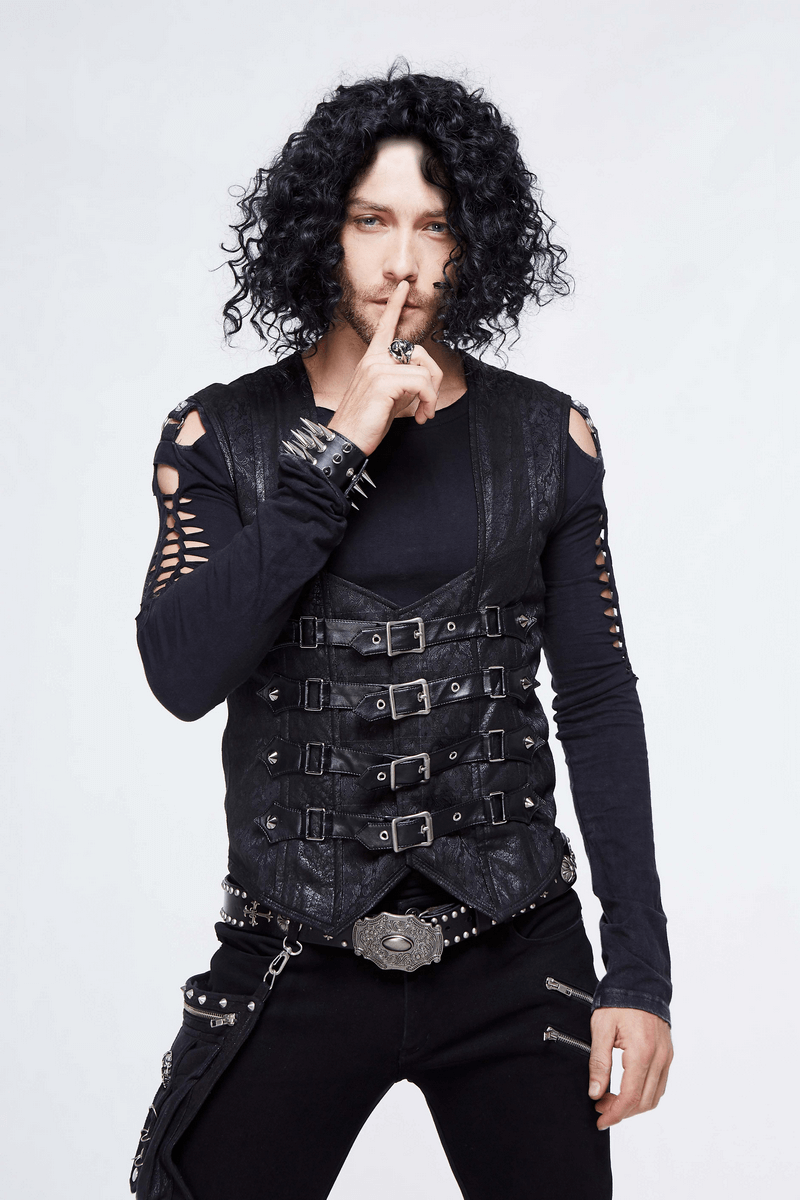 Stylish man in a vintage punk leather waistcoat with buckles and a secretive pose, perfect for creating edgy outfits.