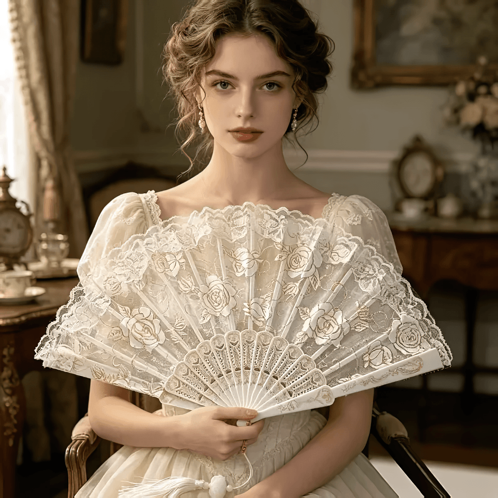Vintage Rose Lace Folding Fan with Tassel Pendant held by a woman in Victorian-style dress, elegant vintage accessory.