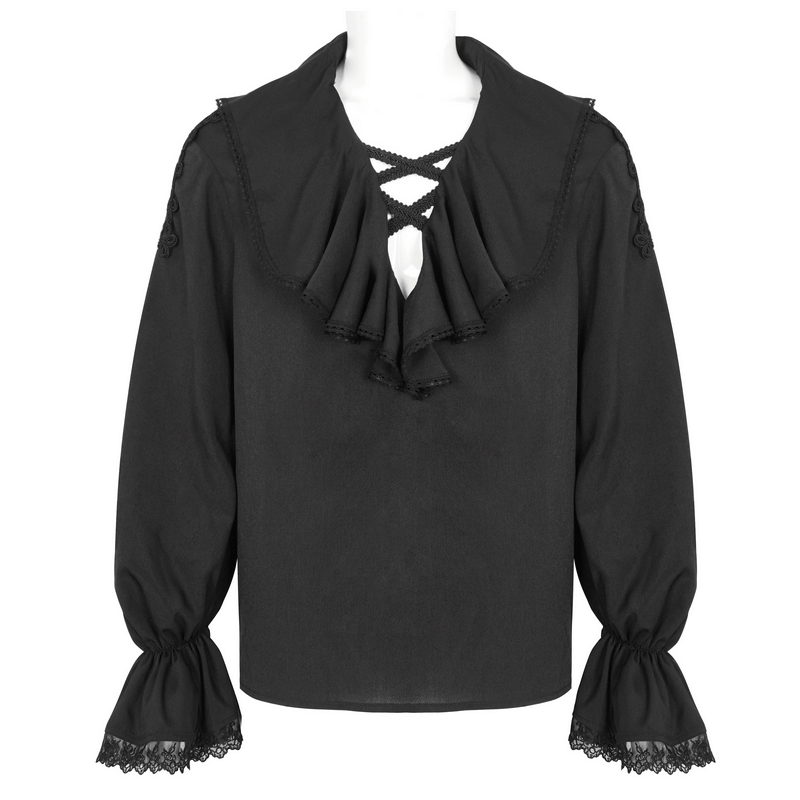 Men's black vintage ruffle sleeves shirt with deep V-collar and lace accents, perfect for alternative style lovers.