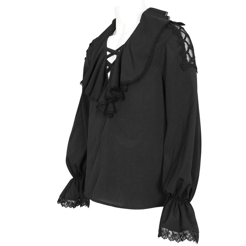 Men's vintage-style black loose shirt with ruffle sleeves and deep V-collar, perfect for an alternative chic look.