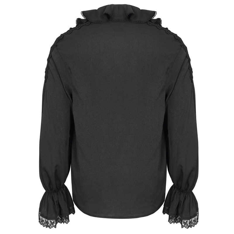 Back view of men's vintage ruffle sleeves loose shirt with deep V-collar, showcasing elegant ruffled details.