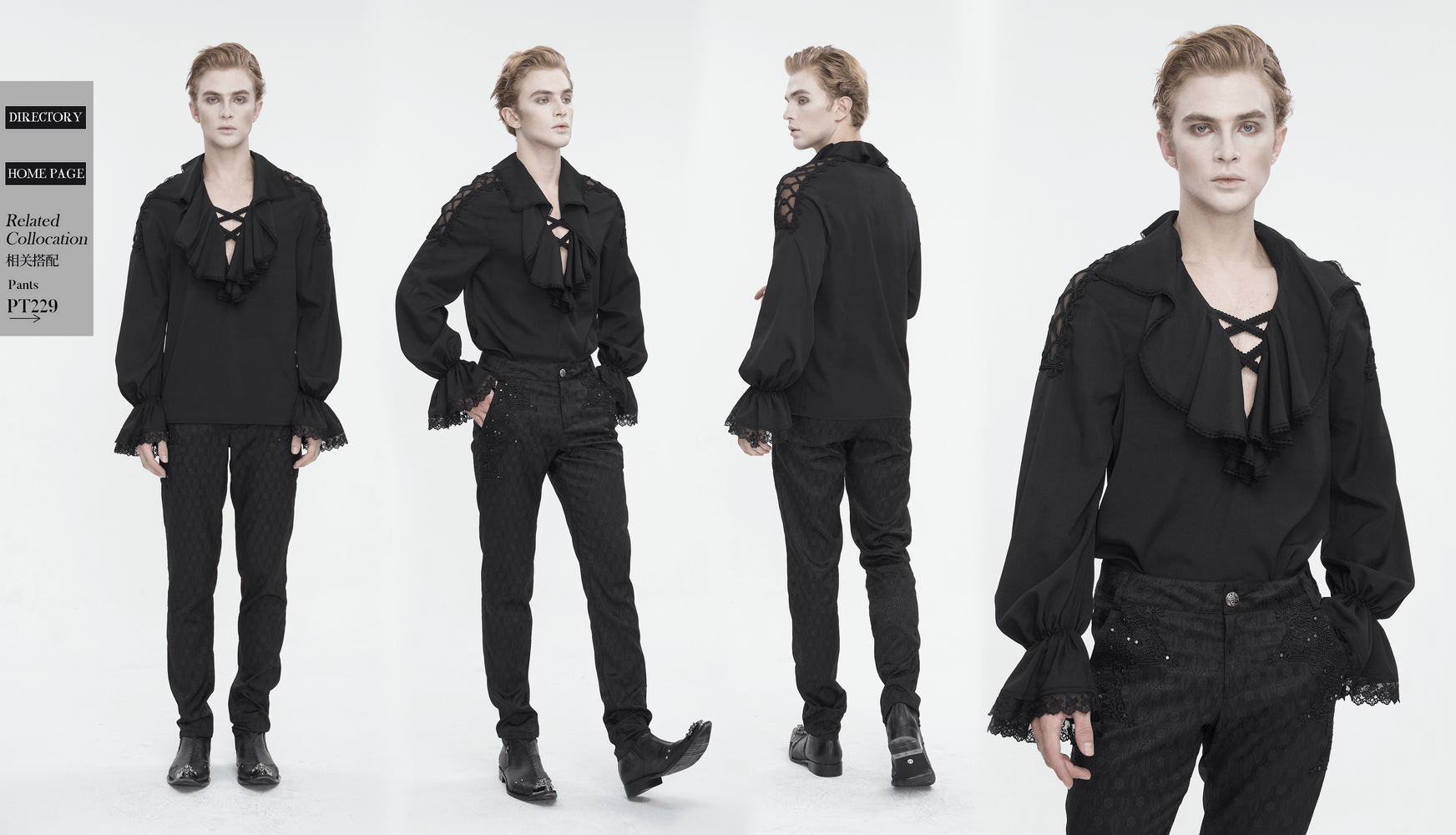 Men's vintage ruffle sleeve shirt with deep V-shape collar and stylish black bottoms.