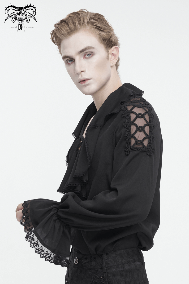 Men's vintage ruffle sleeve shirt in black with deep V-collar and stylish lace accents.