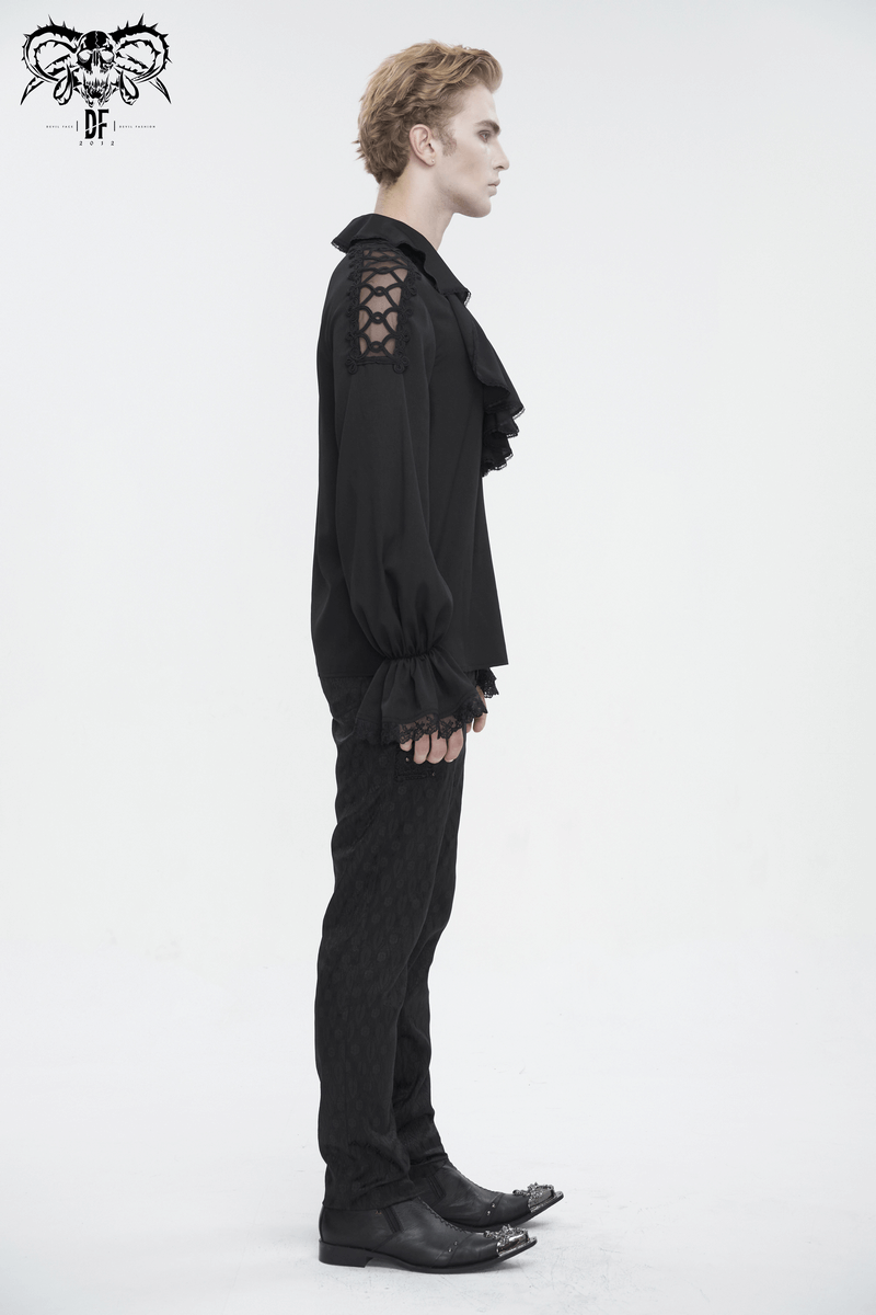 Men's vintage ruffle sleeve shirt with deep V-collar, showcasing unique style and elegance in black.