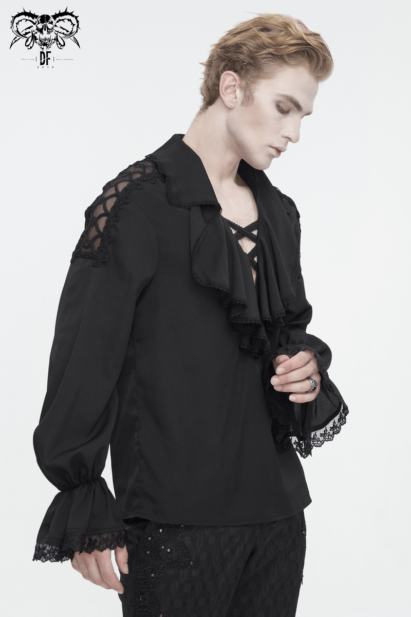 Men's vintage ruffle sleeves black shirt with deep V-collar and lace accents, showcasing alternative elegance.