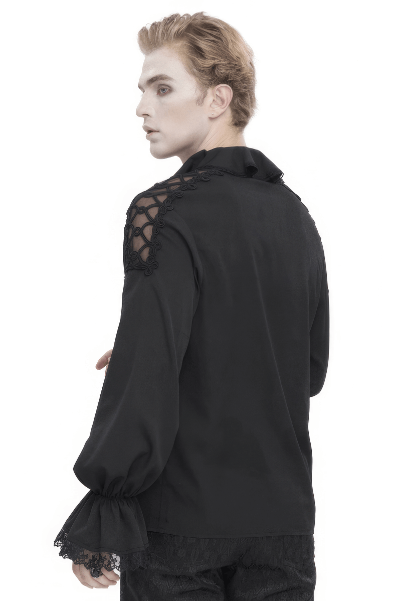 Back view of a men's vintage ruffle sleeves shirt with deep V-collar, showcasing unique lace detailing.