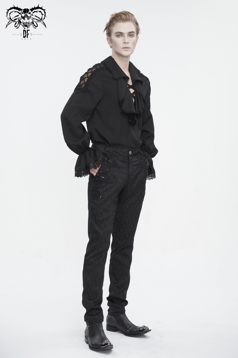 Model showcasing vintage ruffle sleeves loose shirt with deep V-collar, paired with stylish black pants.