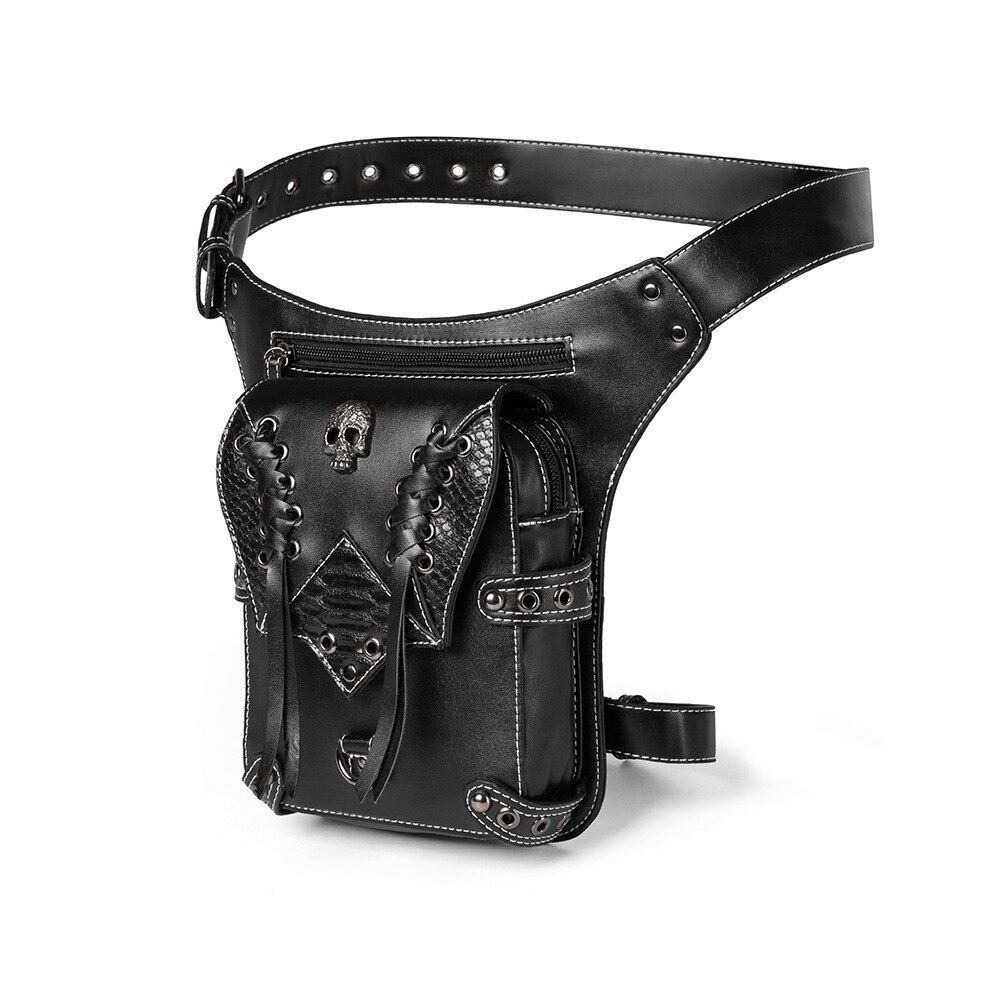 Vintage skull multifunction leather bag, gothic punk waist shoulder bag with rivets and zipper closure.
