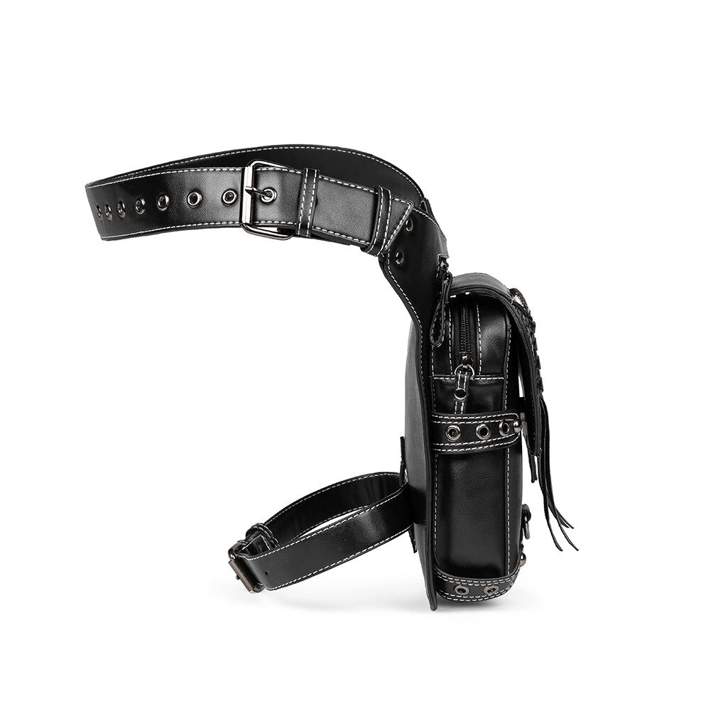 Side view of a vintage skull multifunction leather bag with rivets and adjustable strap, perfect for alternative fashion.