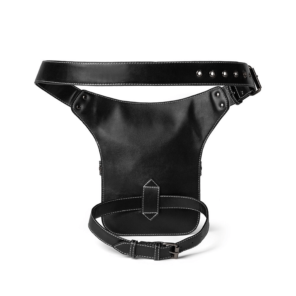 Vintage black leather shoulder bag with rivets, perfect for gothic and steampunk fashion enthusiasts.