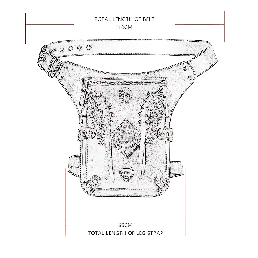 Dimensions of the Vintage Skull Multifunction Leather Bag with a stylish punk design. Unisex waist or shoulder bag.