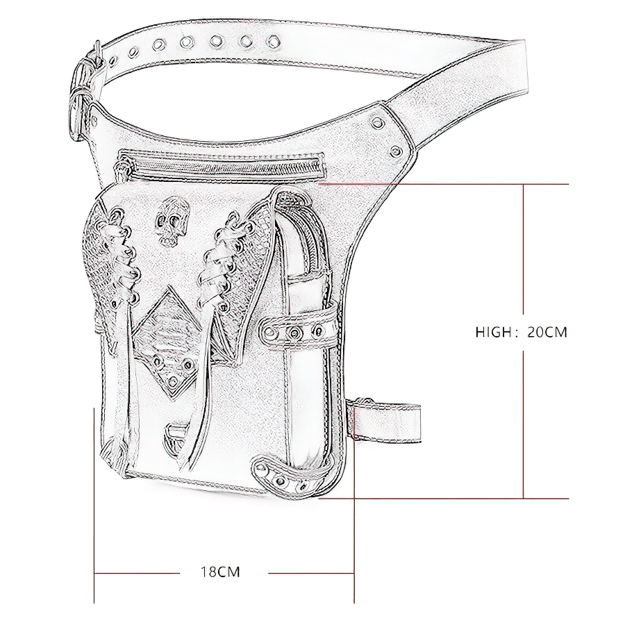 Vintage Skull Multifunction Leather Bag dimensions with measurements, featuring skull design and rivet details.