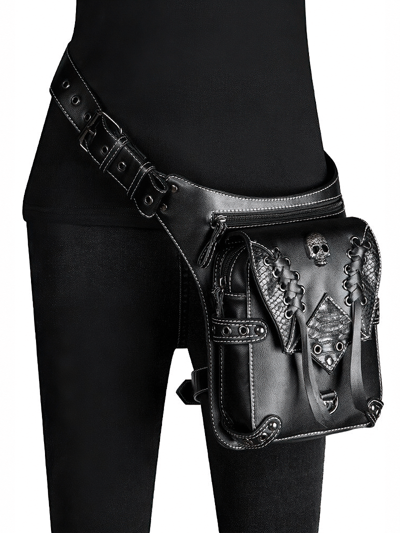 Vintage Skull Leather Bag - Gothic multifunctional waist or shoulder bag with rivets and detailed design.