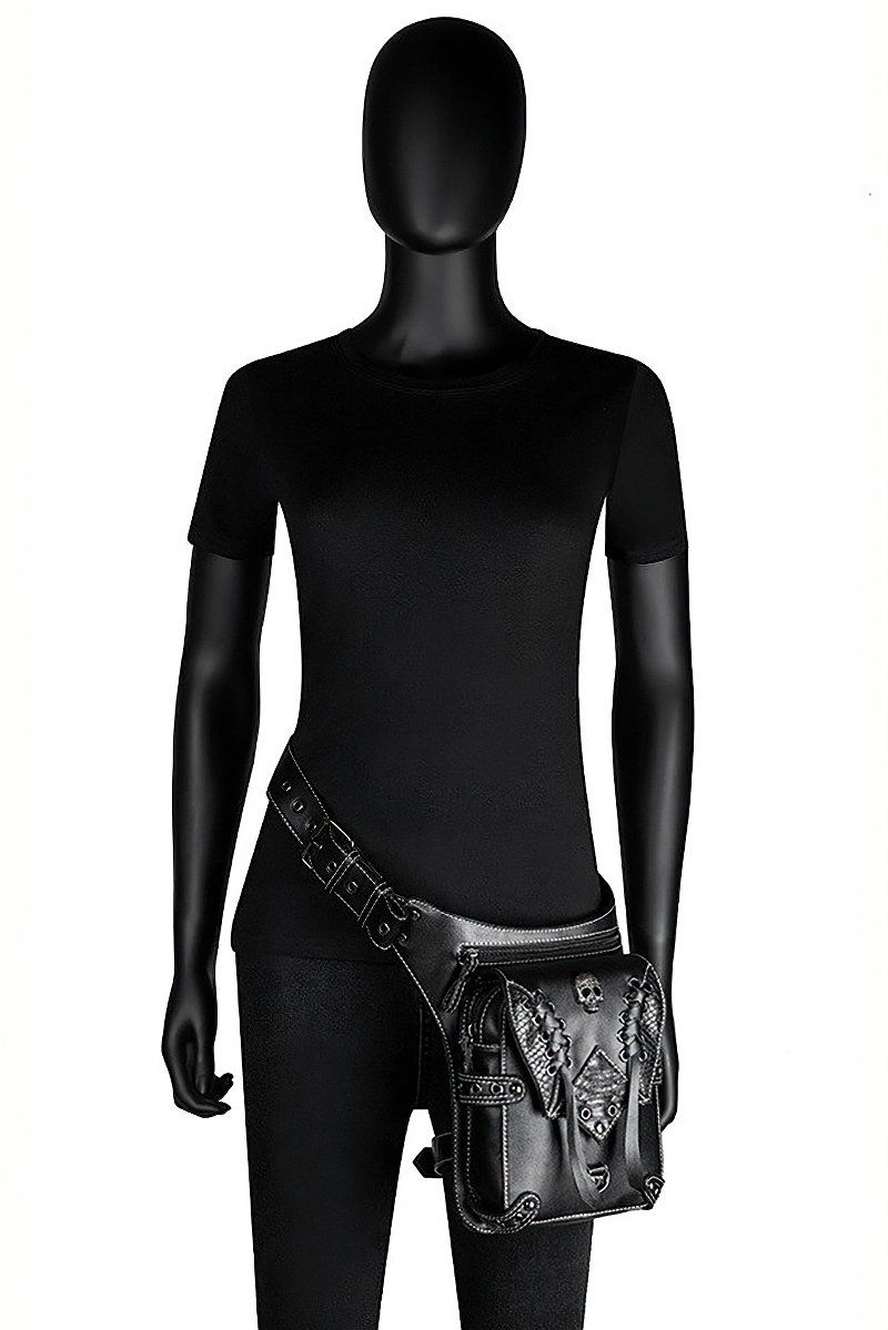 Vintage skull multifunction leather bag displayed on a black mannequin, showcasing gothic steampunk style.