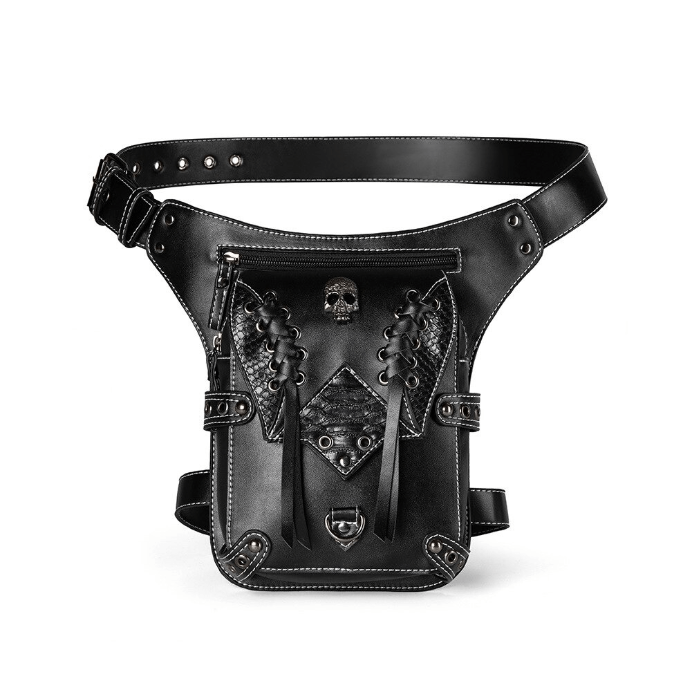 Vintage Skull multifunction leather bag with punk style, laces, and skull design, perfect for alternative Gothic fashion.