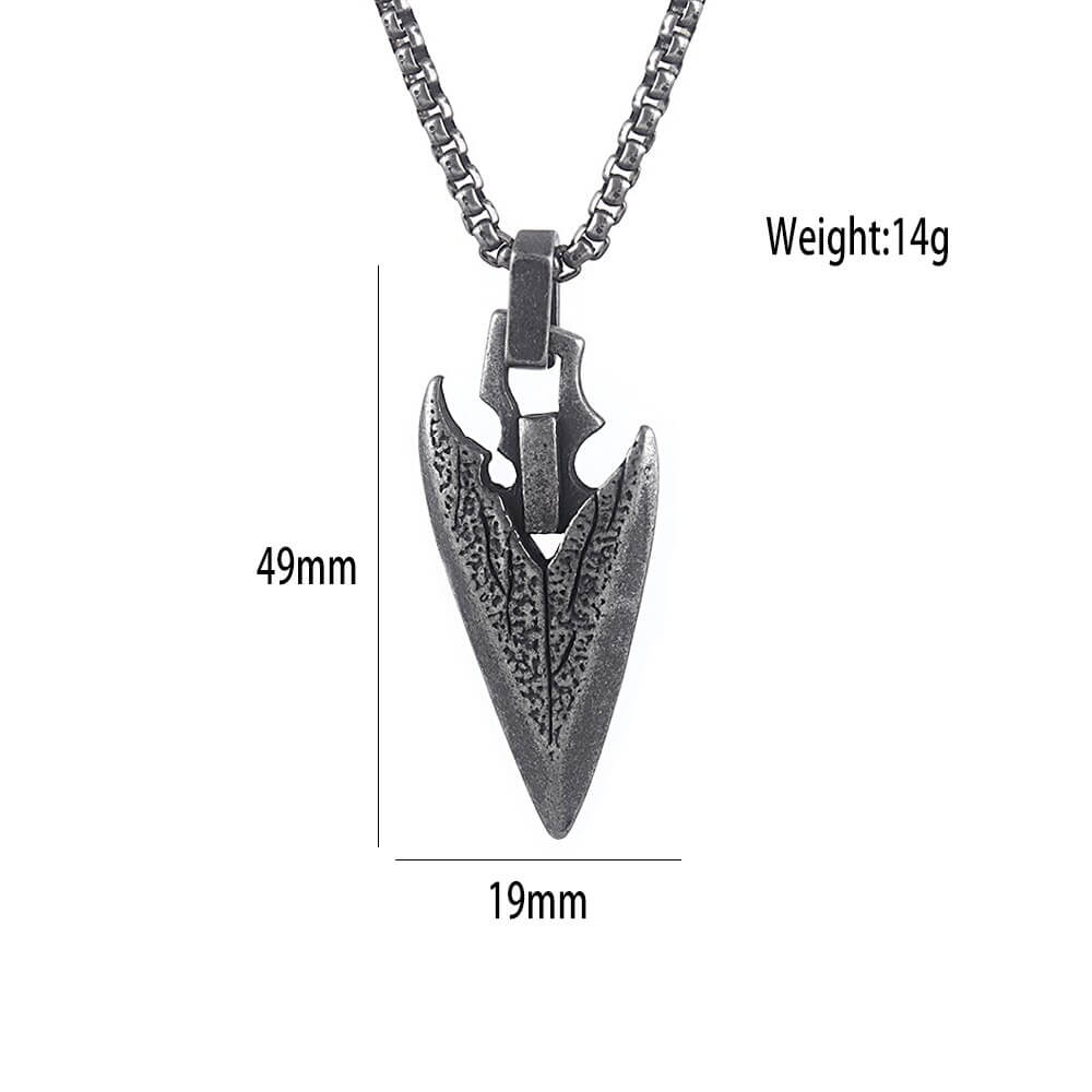 Vintage stainless steel arrowhead pendant necklace with measurements, a unisex statement fashion accessory.