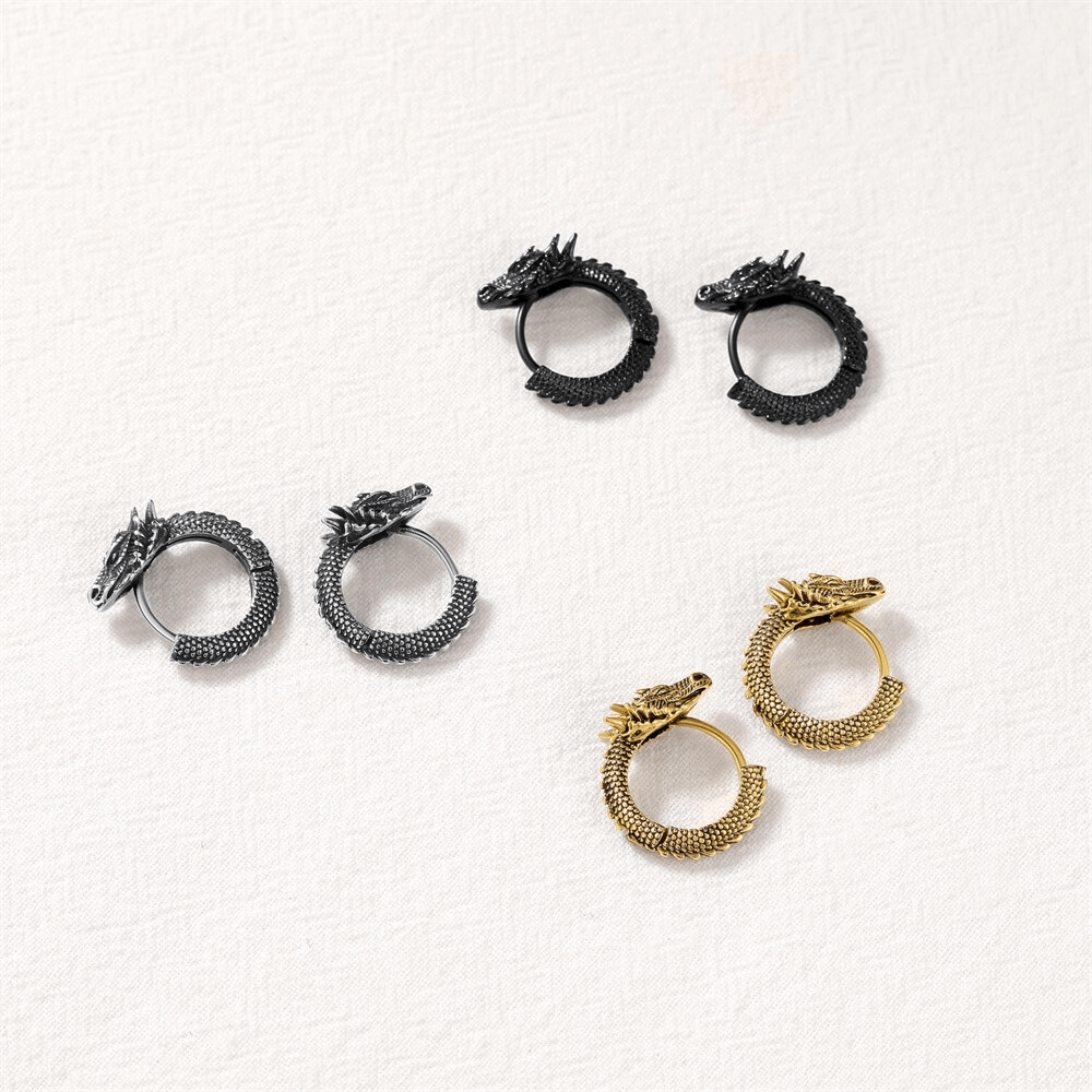 Vintage stainless steel dragon hoop earrings in black and gold, featuring intricate punk style animal motifs.