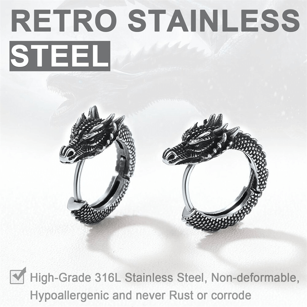 Vintage Stainless Steel Dragon Hoop Earrings / Cool Animal Unisex Earrings in Punk Style - HARD'N'HEAVY