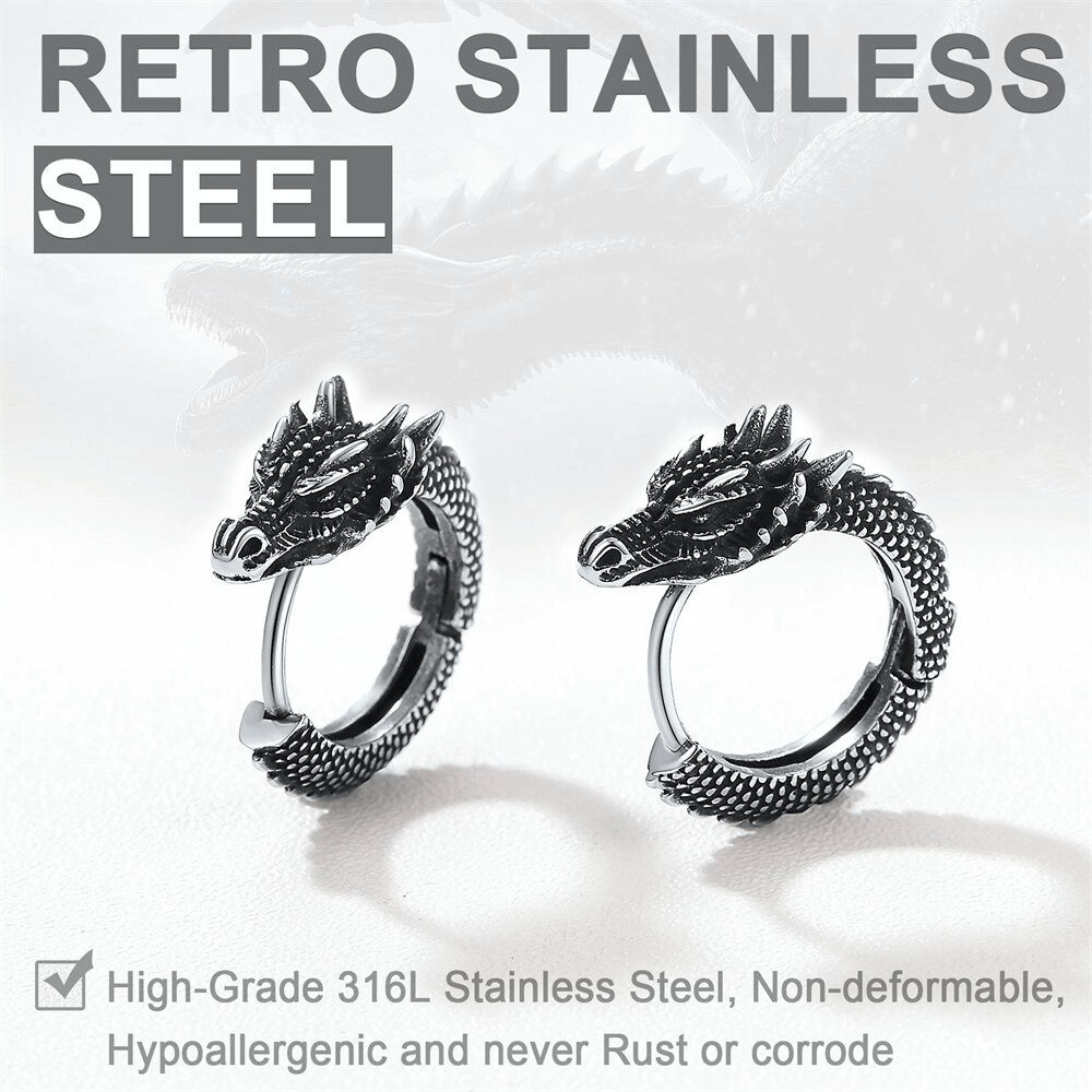 Vintage stainless steel dragon hoop earrings featuring a detailed punk design, perfect for unisex styles.