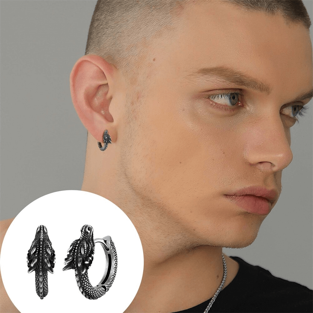 Unisex vintage stainless steel dragon hoop earrings displayed on a model with a punk style aesthetic.