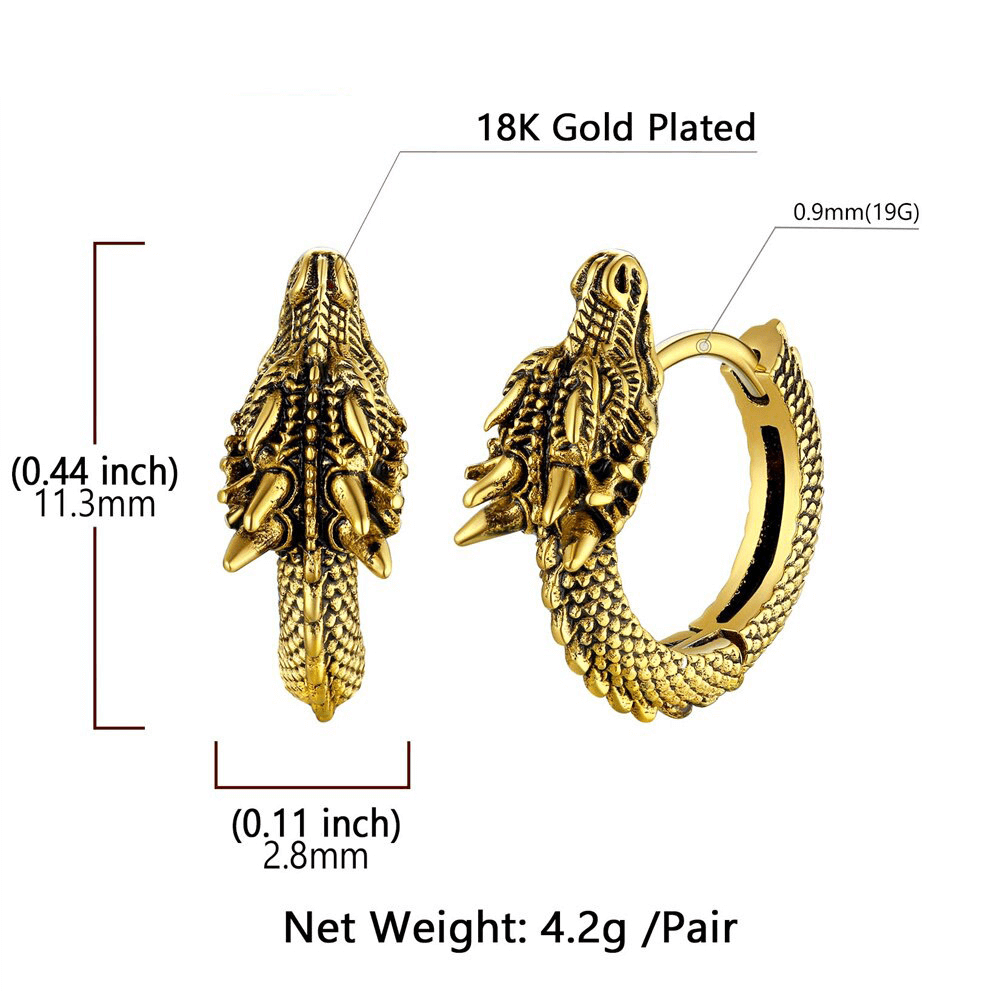 Vintage stainless steel dragon hoop earrings with intricate gold plating, perfect for unisex punk style.