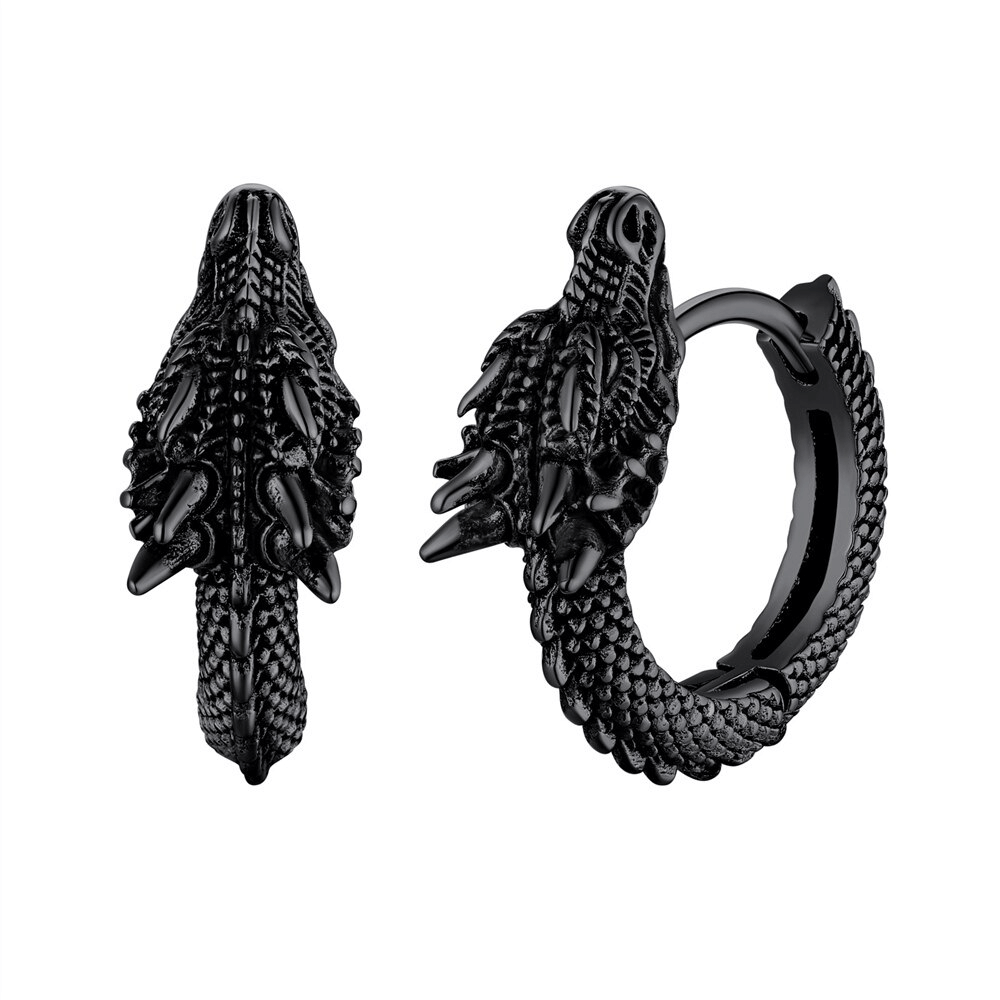 Vintage stainless steel dragon hoop earrings, unisex punk style with intricate design and cool animal motif.