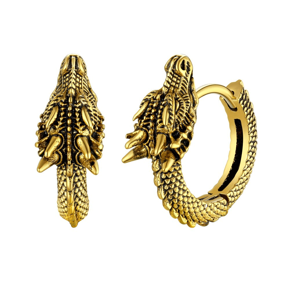 Vintage gold dragon hoop earrings, unisex punk style, detailed mythical design for daring everyday wear.