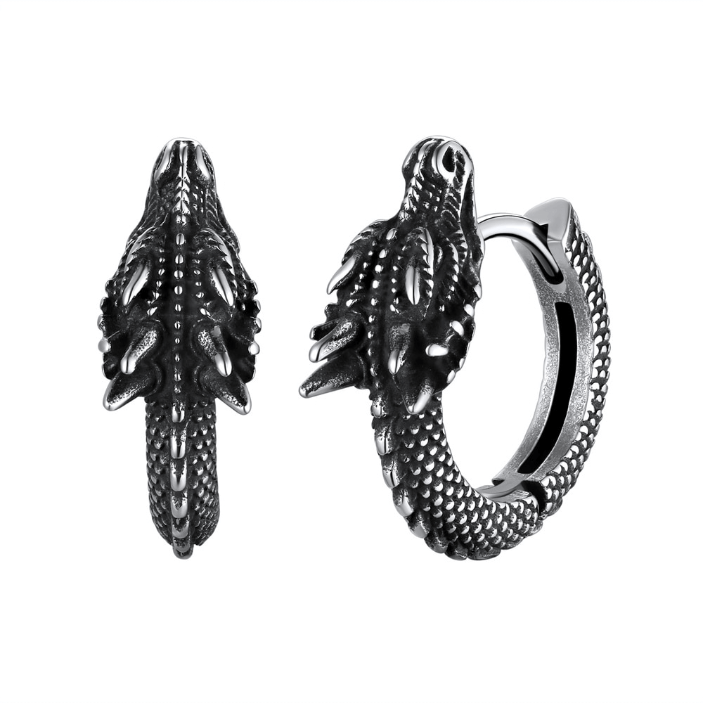 Vintage stainless steel dragon hoop earrings with intricate detailing, perfect for a punk style statement.