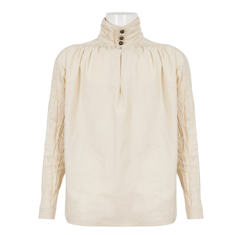 Vintage stand collar cotton shirt with buttons, long sleeves, and a relaxed fit for a classic look.